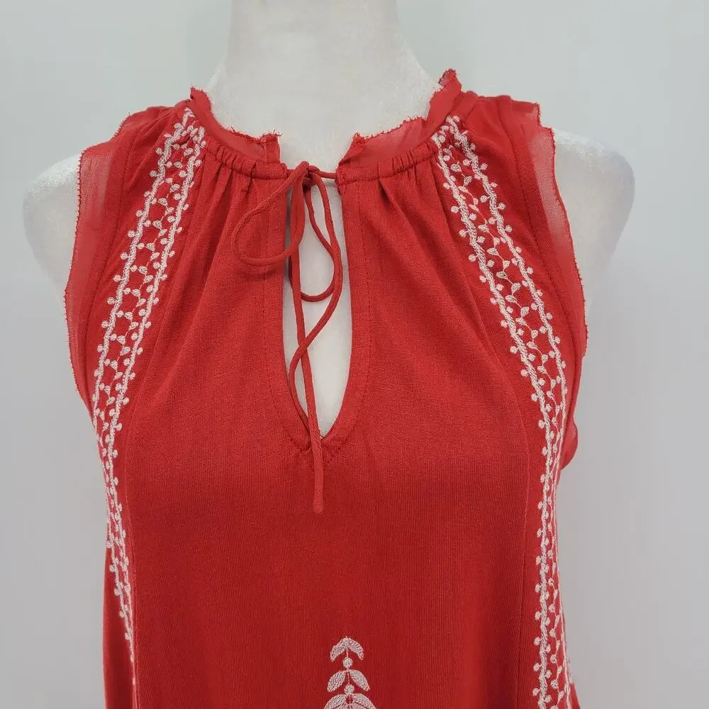 Anthropologie Embroidered Tank Top Small‎ Red Keyhole Bohemian Festive Paisley